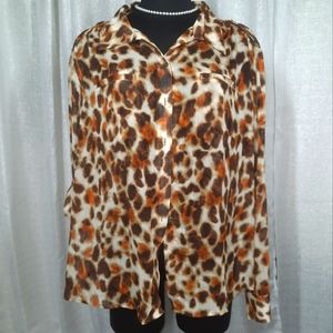 Jones New York Leopard Print Top Shirt SZ 18w Button-Down Roll Up Sleeves
